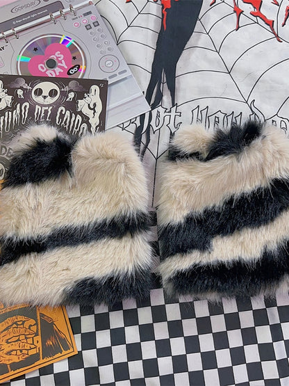 ベージュ/グレー Y2K ゼブラストライプ柄 25cm レッグウォーマー