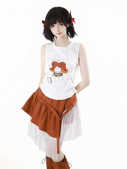 裾スカート オレンジ 伸縮性ウエスト レースパッチワーク アシンメトリー