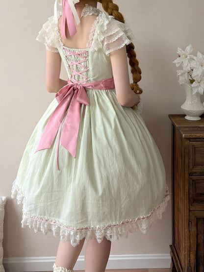 Elegant Version Green Classic Details with Bow Lolita Lace Dress Light and Short