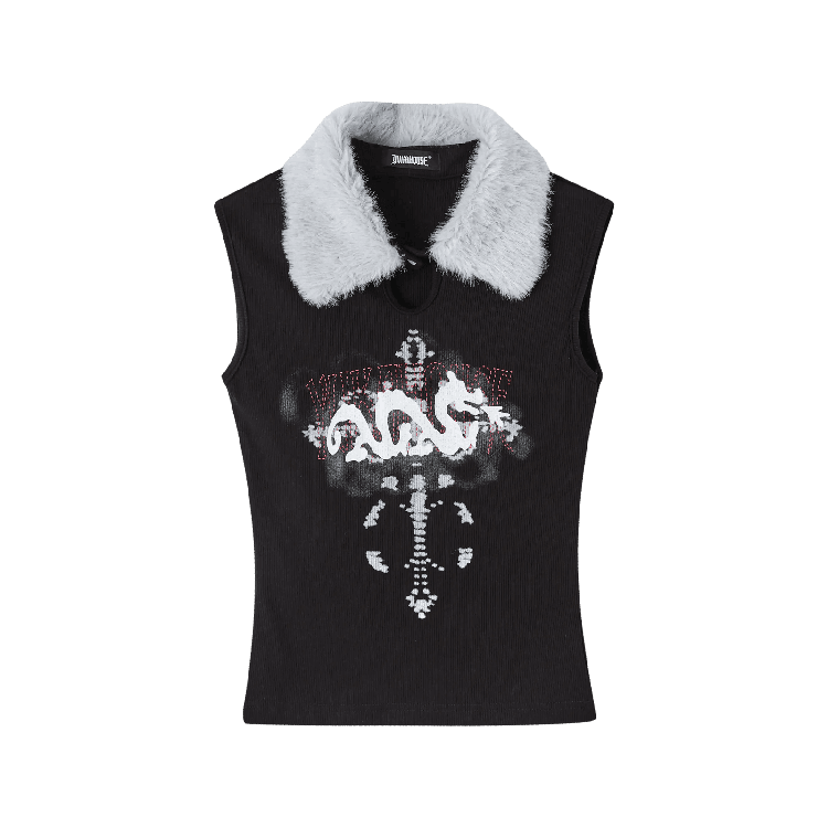 Keyhole Tank Top Y2K Black Plush Collar Snap Graphic Glamorous Neckline