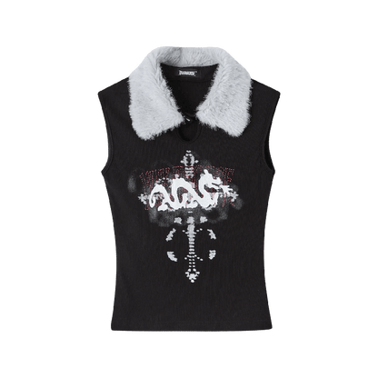 Keyhole Tank Top Y2K Black Plush Collar Snap Graphic Glamorous Neckline