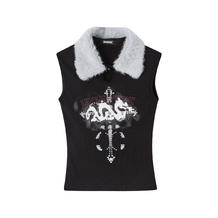 Y2K Schwarzes Plüschkragen-Druckknopf-Ausschnitt-Schlüsselloch-Grafik-Glamouröses Tanktop