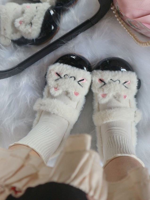 Süße Knöpfe Druckknopf Polierte Lolita Plüsch Flats Schwarz Winter – Kitty