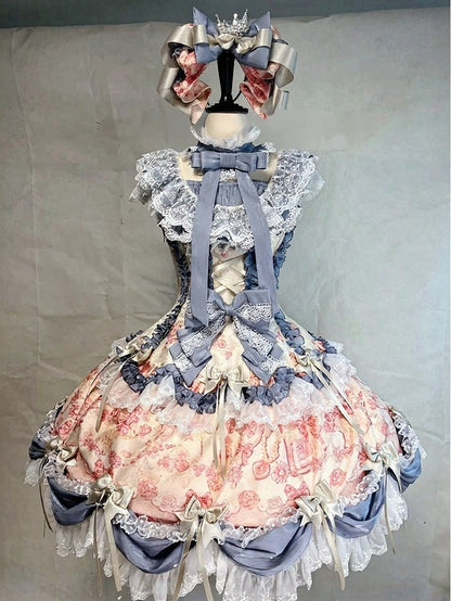 Pink & Blue Floral OP Dress with Bow & Card Print - Rosede Cheese