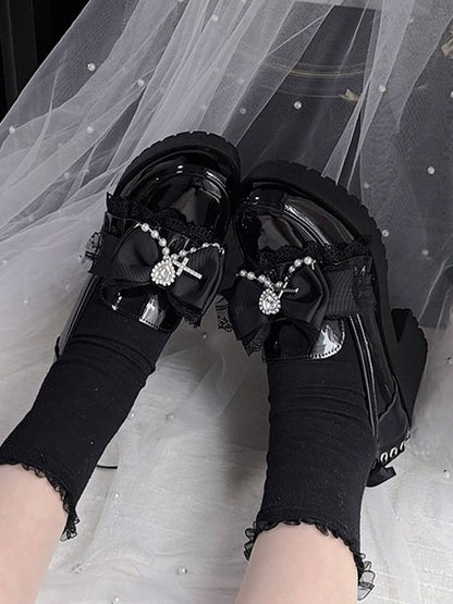 Black Kawaii Heart Crystal Shoes with Bow & Pearl Chain - Sarina