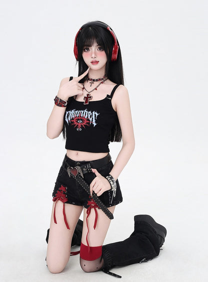 with Black Butterfly Applique Warmers and Red Lace-up Details Hem Denim Shorts Leg
