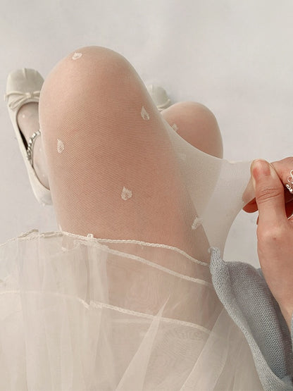 White/Black Heart Tights Semi-Sheer Pattern