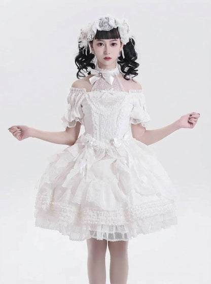 White Top Sleeves Lace Lolita Neckline Puff Details Boned Corset Illusion and Classic with Elegant Embroidery