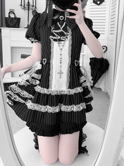 Puffy Jirai Set: Side Striped Design Train Gothic Elegant Dress Black with Sleeve Kei Draped