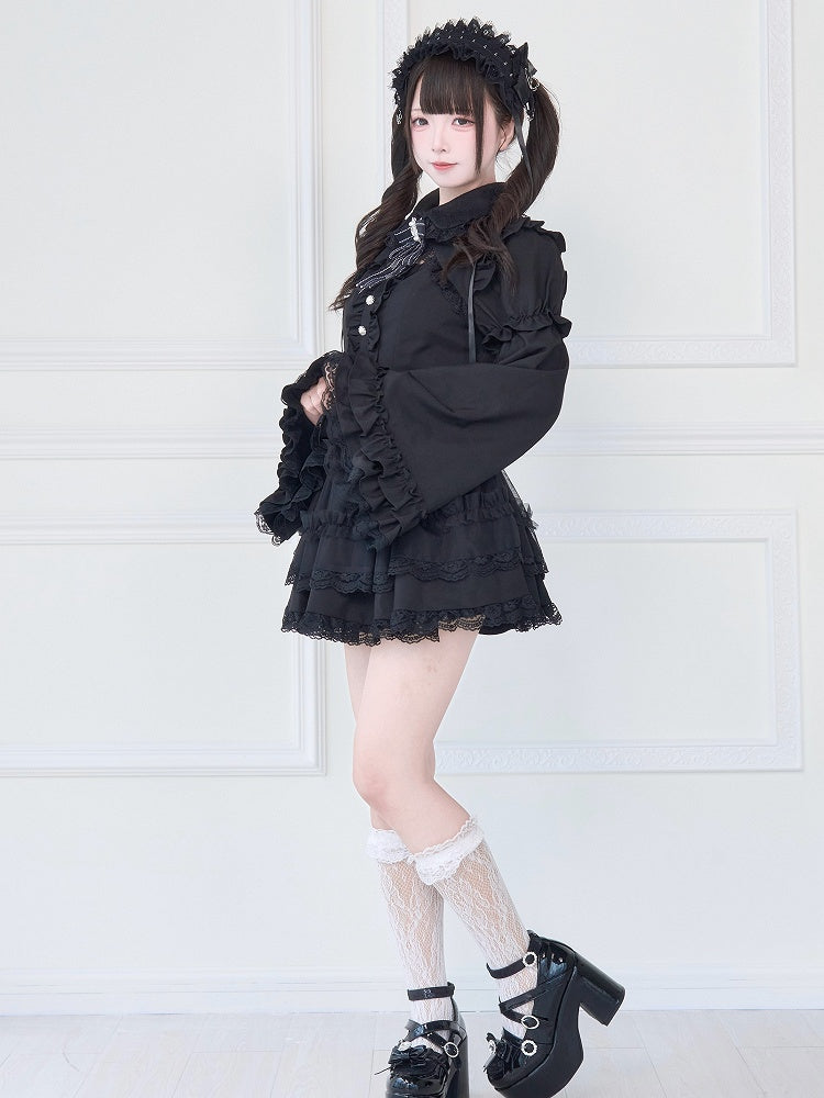 Jirai Lace Black Tiered Dress Gothic Detachable Bell with Sleeves Kei