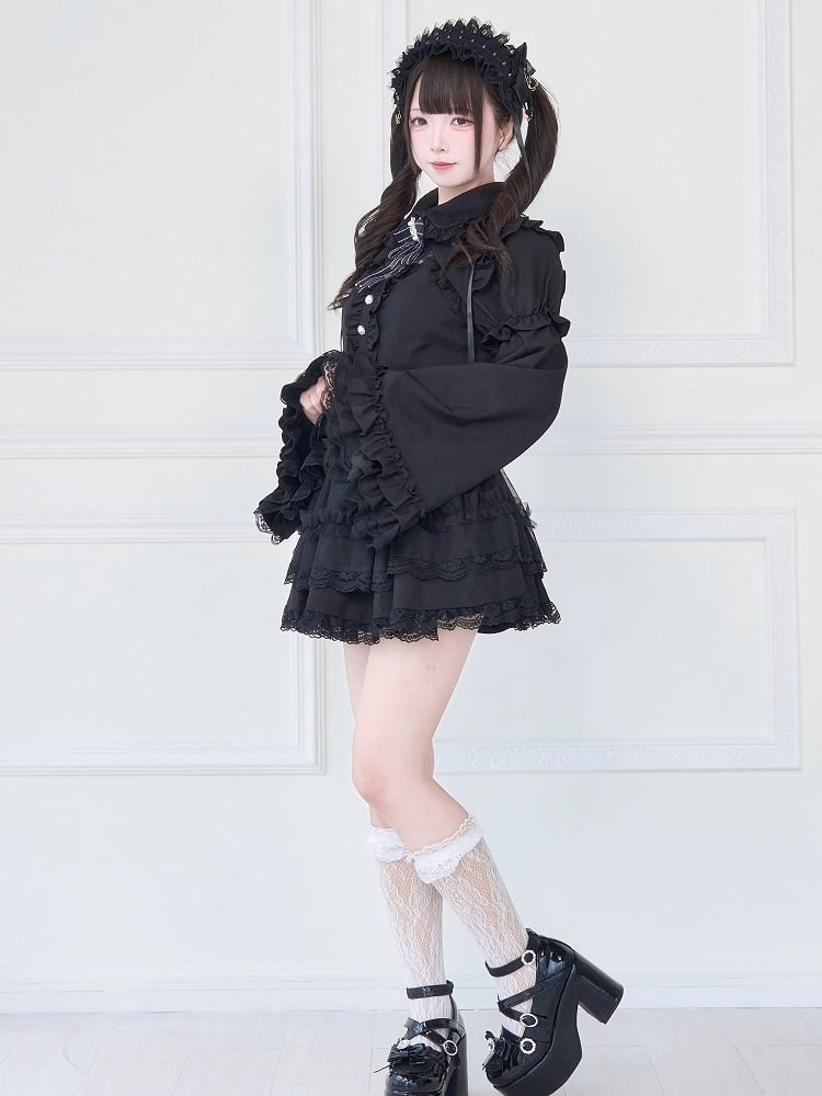 Gothic Black Dress with Bell Sleeves and Tiered Lace - No Genki