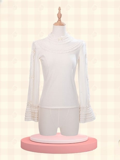 Cuffs Top Lolita Neckline Lace with and Sleeves Beige Long