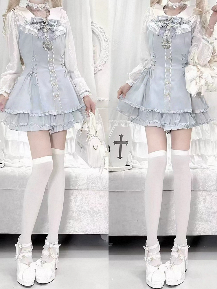 Blue Lace Long Sleeve Dress with Bow & Bead Decorations + Matching Shorts - AOSpace