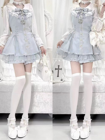 Blue Lace Long Sleeve Dress with Bow & Bead Decorations + Matching Shorts - AOSpace