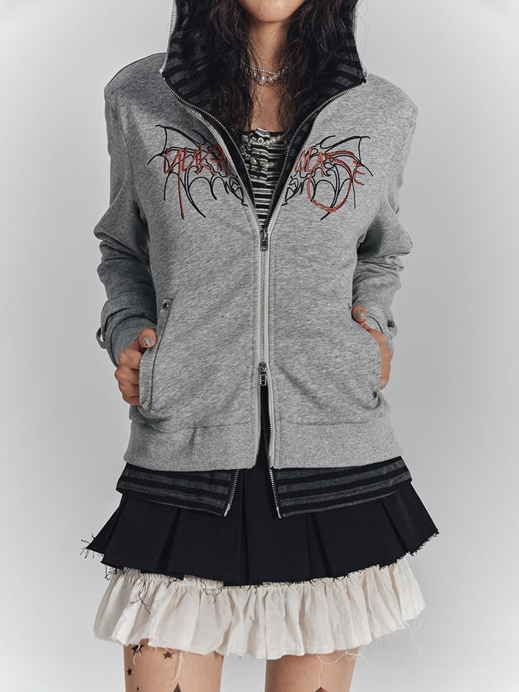 Hooded Wing Embroidery Hoodie Two-in-One Striped Inner Gray with Crop Punk Jacket
