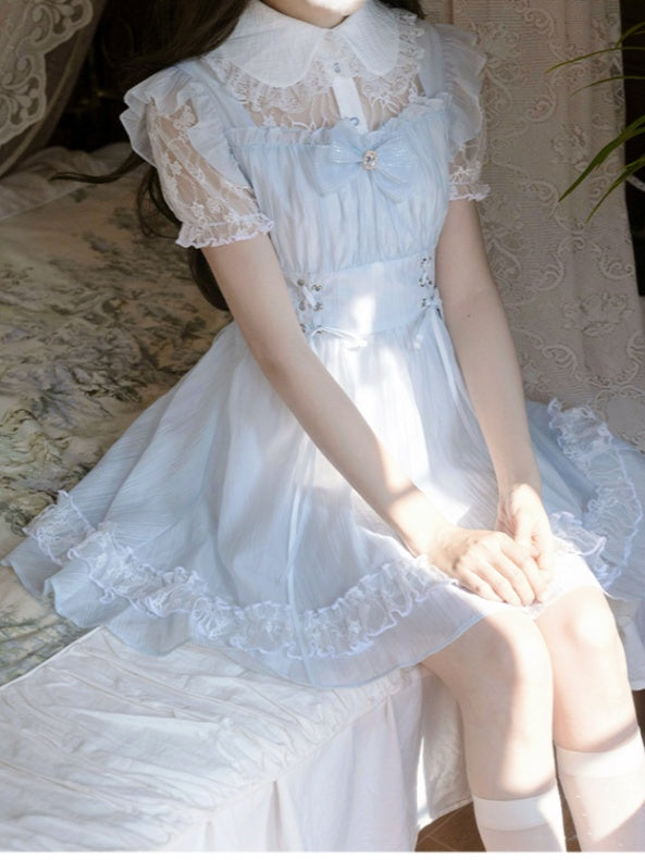 Kragen Schnürung Taille Pan Jirai Kei Kleid Hellblau Illusion Ausschnitt Peter