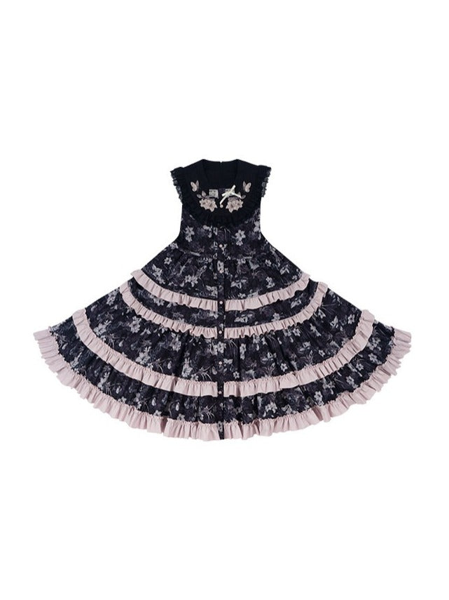 Elegant Black Lolita Layered Sleeveless Gown with Embroidered Accents - Yimu Walnut