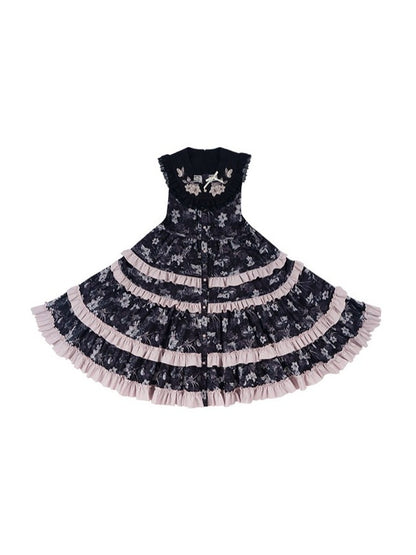 Elegant Black Lolita Layered Sleeveless Gown with Embroidered Accents - Yimu Walnut