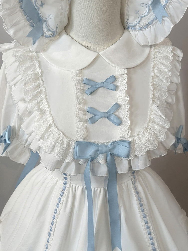 Short Sleeve Sweet Lolita OP with Bow Accent & Ruffle Details in Blue & White - MUYU