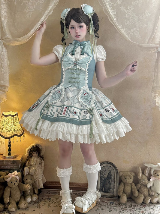 Mahjong-Themed Halter Top & Skirt Set in White & Green with Tassels - Maiden Portal