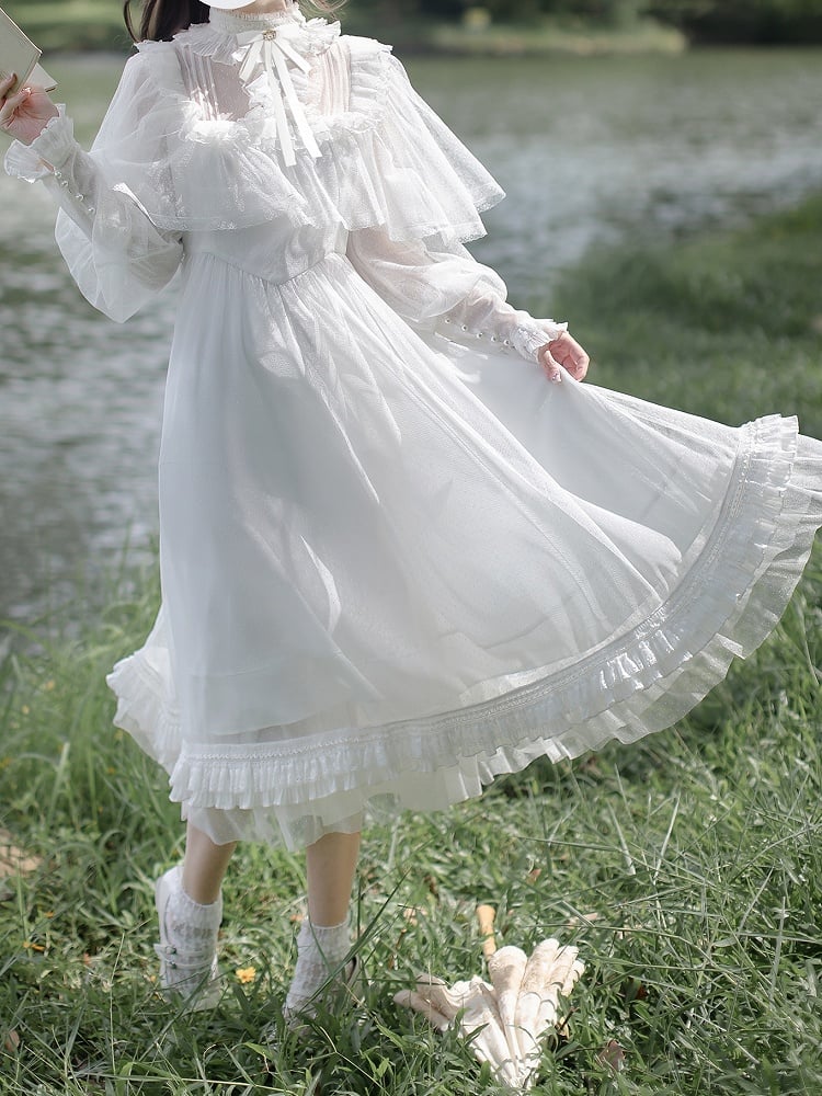 Lolita Classic Ethereal Tulle Dot All-White Style Sleeve Shiro in Cape Dress: