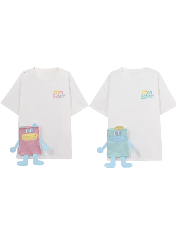 T-Shirt Blau/Rosa Hals Lose Cartoon Tasche Weiß Rund