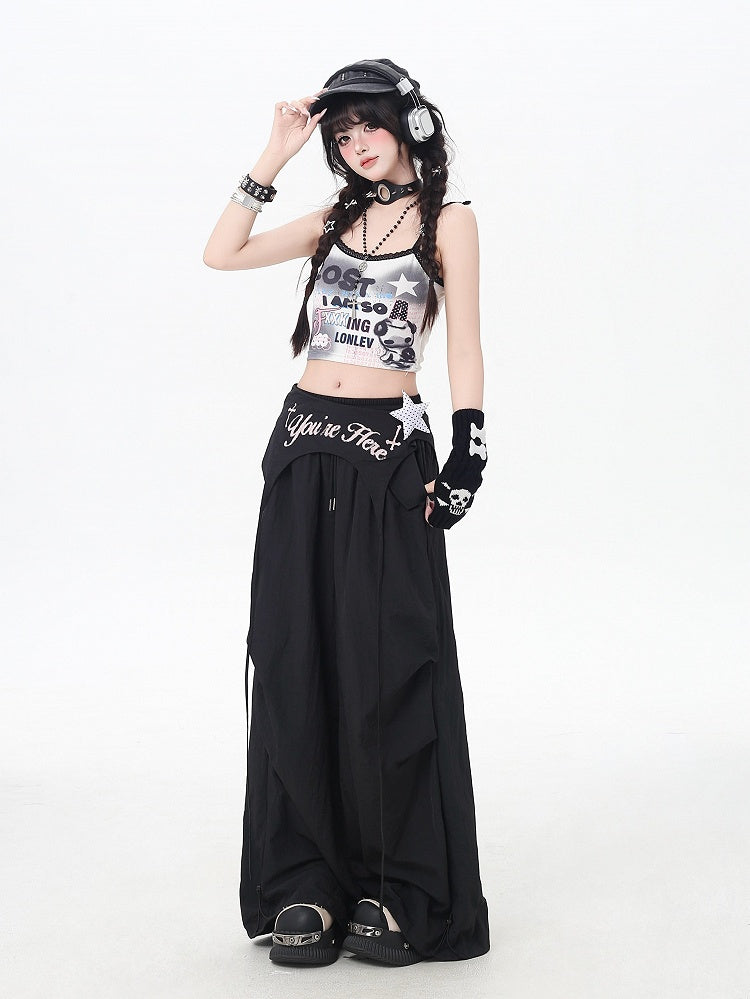 Black Punk Pants Accessory Waist Asymmetrical with Drawstring Waist Wasteland