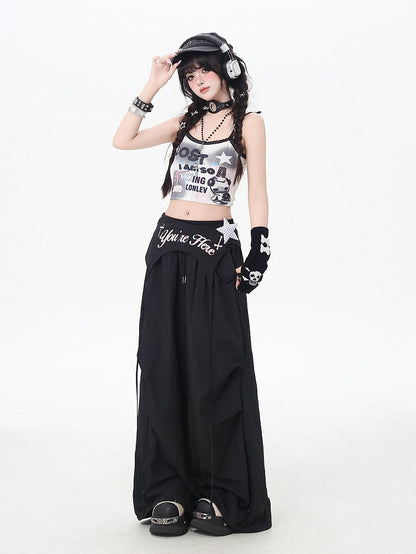 Black Punk Pants Accessory Waist Asymmetrical with Drawstring Waist Wasteland