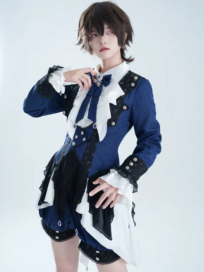 Coat Prince Dark Cascading Web Blue Spider Trim Ruffle Ouji Lolita Hemline Style Fabric