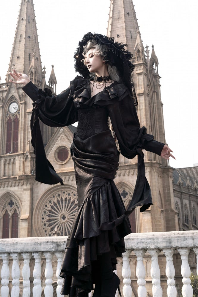 Gothic Asymmetrischer Rock Korsett mit Taillenstäbchen Kaskadierender hoher Lolita-Volant Meerjungfrauensaum Schwarz
