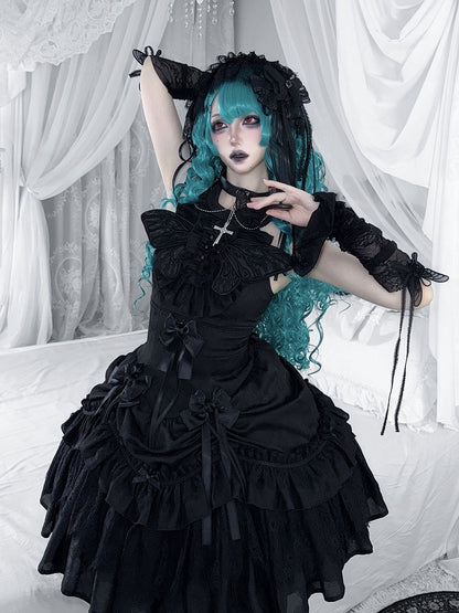 Black Gothic Lolita JSK with Butterfly Embroidery - Tachycardia
