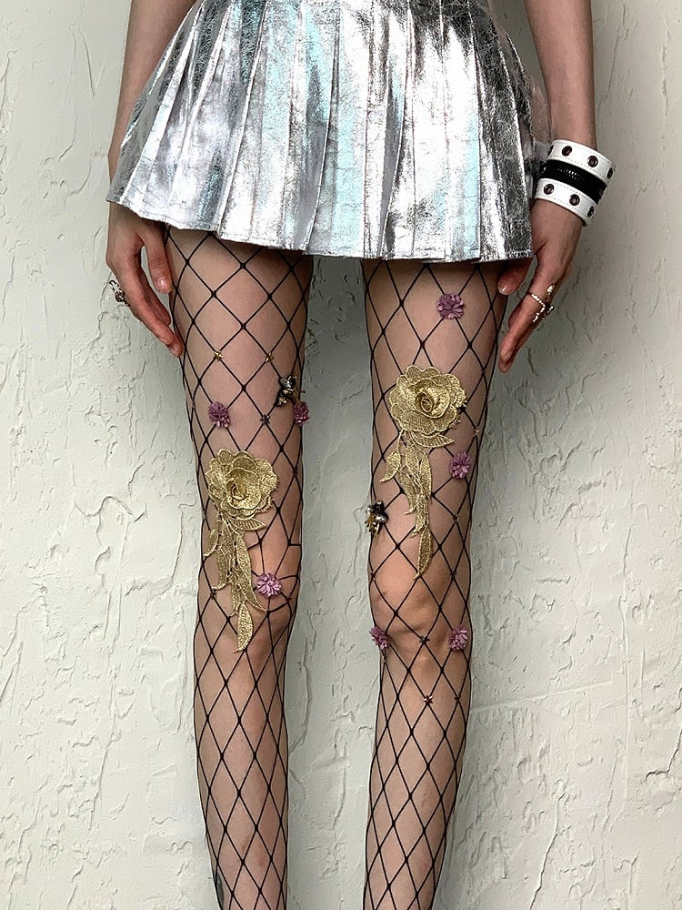 Strumpfhose Fischnetz Wasteland Floral und Details Star Punk Nude/Schwarz