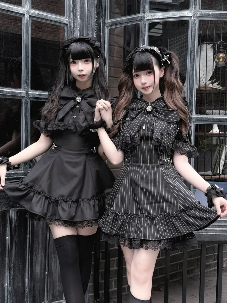 Matching Short-Sleeve Tie Shorts Black Kei Jirai Bow + Ruffled Set Dress Lace Striped