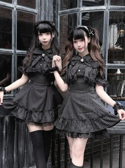 Matching Short-Sleeve Tie Shorts Black Kei Jirai Bow + Ruffled Set Dress Lace Striped