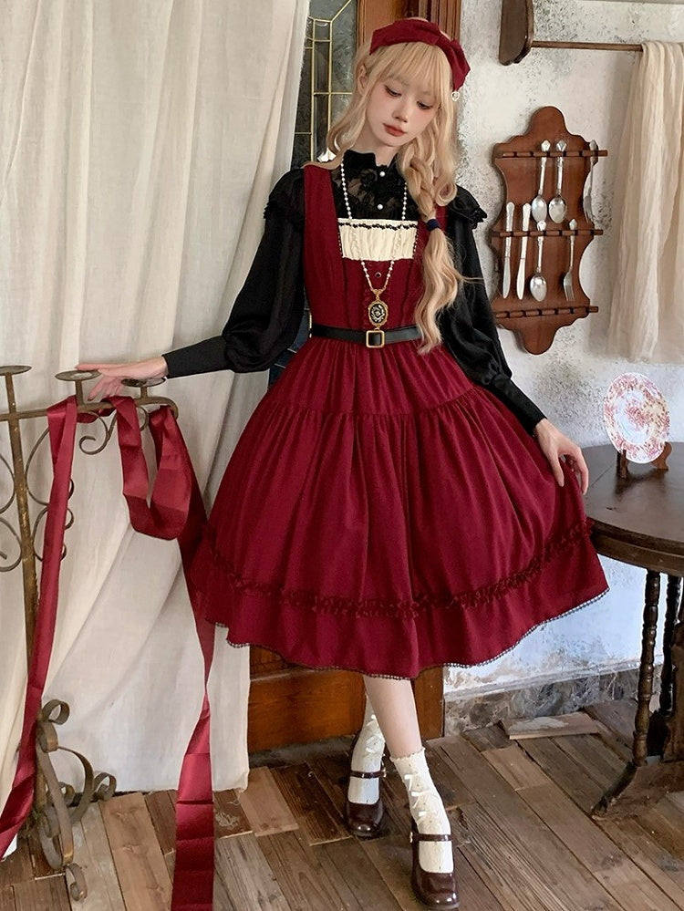Red Elegant Classic Lolita JSK Dress with Ruffled Front Placket and Lace Trim