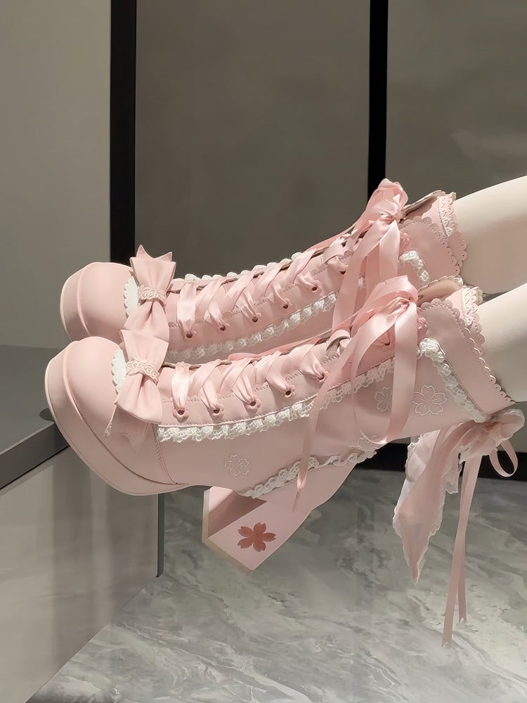 High-heel Embroidery with Lolita Boots Sweet Closure Pink Sakura Dual