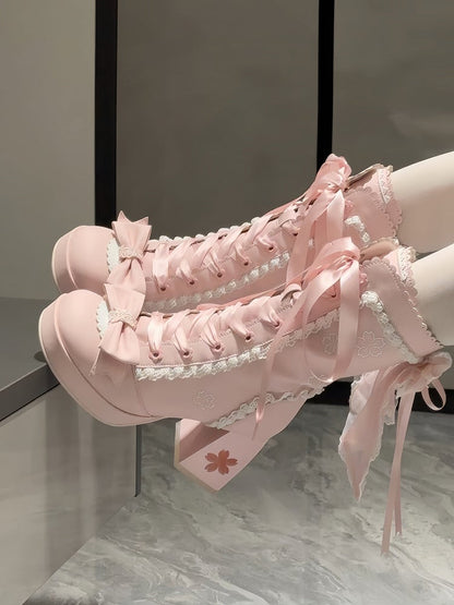 High-heel Embroidery with Lolita Boots Sweet Closure Pink Sakura Dual
