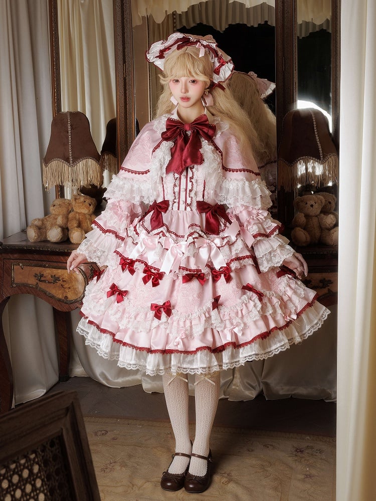 Strawberry OP Dress and Pink Embroidery Teddy Bows Lolita Set Sweet Full