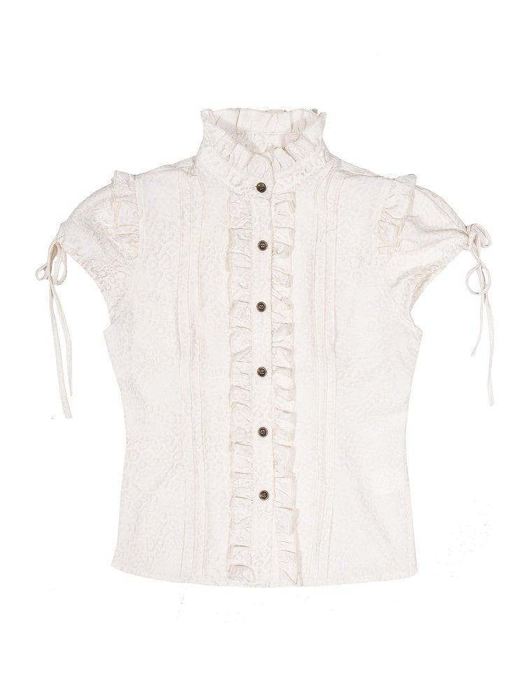 Print Crisscross Trim Short Punk Fashion White Top with Y2K Back Sleeve Puff Gyaru Leopard Ruffle Tie