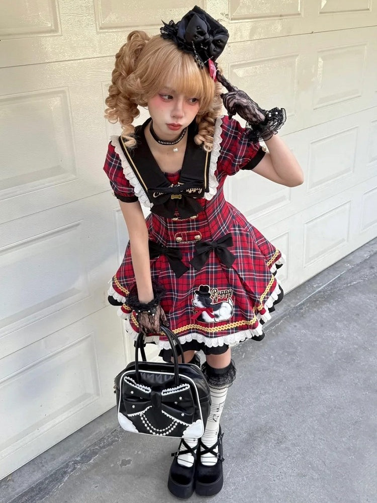 Trim Lace Black Red Sweet Plaid Lolita Dress with Patch Puppy and