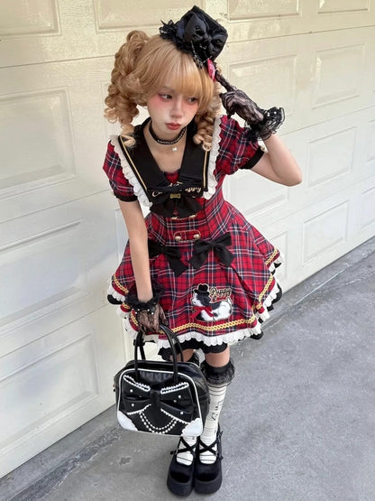 Trim Lace Black Red Sweet Plaid Lolita Dress with Patch Puppy and