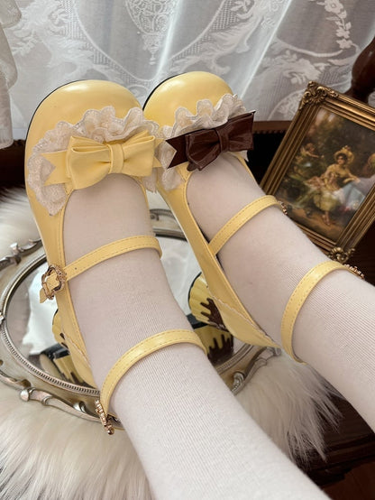 in Brown at Lace Lolita Trim Round Mid Toe Bow PU Top. Heel Heels Pudding Sweet Yellow