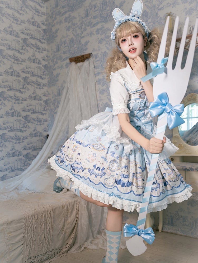 Blau Alice Bunny Lolita Kleid Print Uhr Süße und