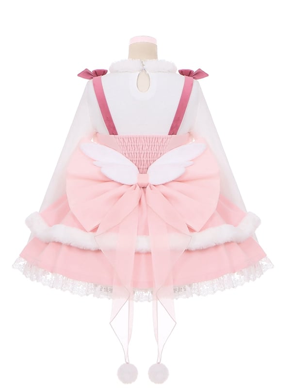 White Plush Angel Wings Pink Organza Big Bow Train