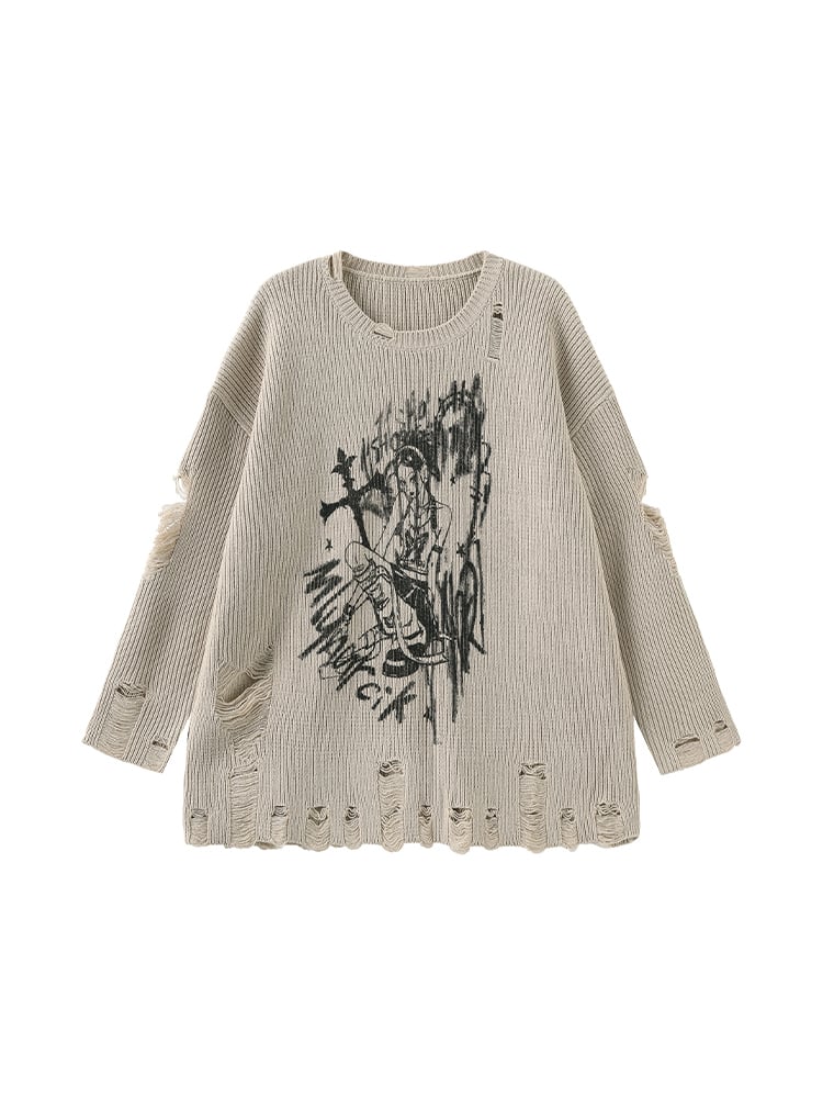 Khaki Fit with Distressed Girl Holes Print Top Relaxed Knit Anime