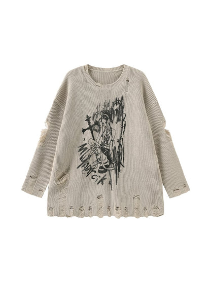Khaki Fit with Distressed Girl Holes Print Top Relaxed Knit Anime