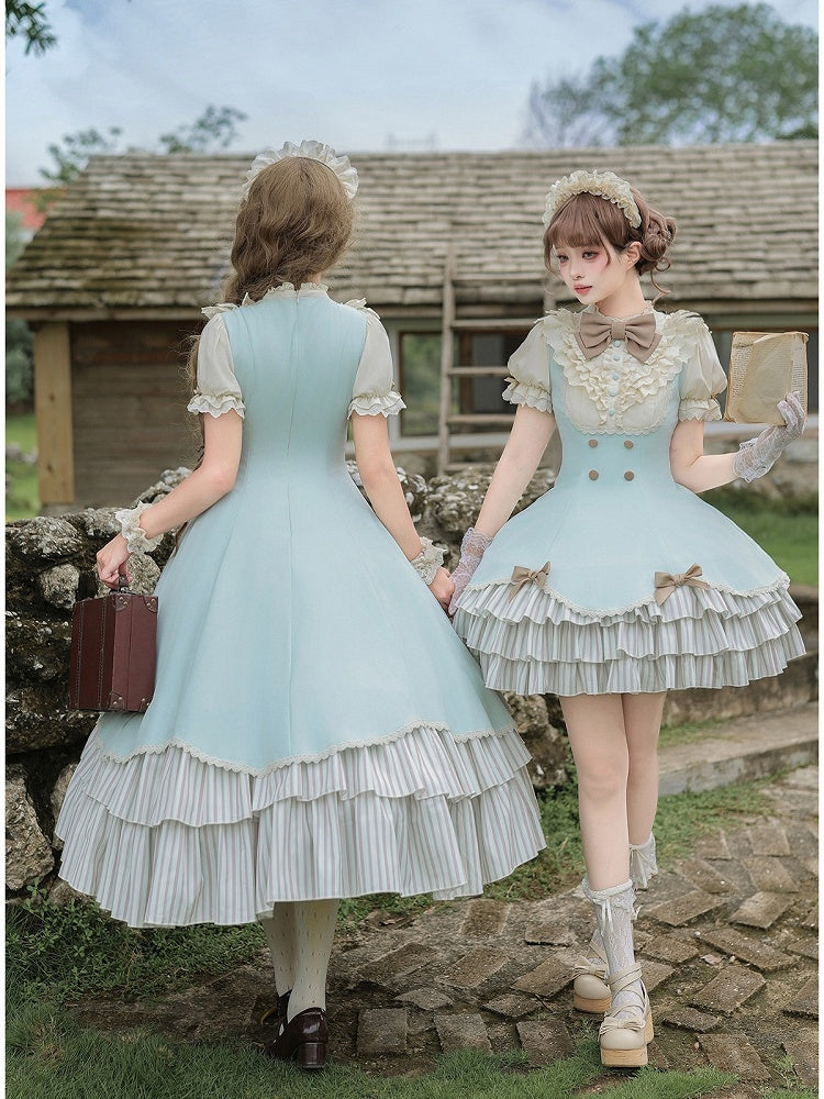 Puff-Sleeve Long Lolita Dress in Beige and Blue with Scalloped Hem and Butterfly Bows - With PUJI