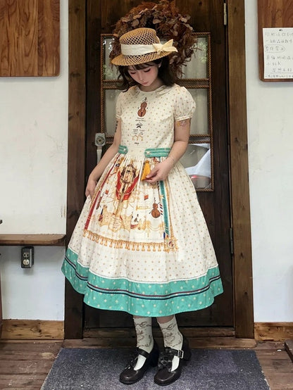 Long White Musical Print Peter Pan Collar OP Dress with Tassels - Crucis Universal Tailor Company