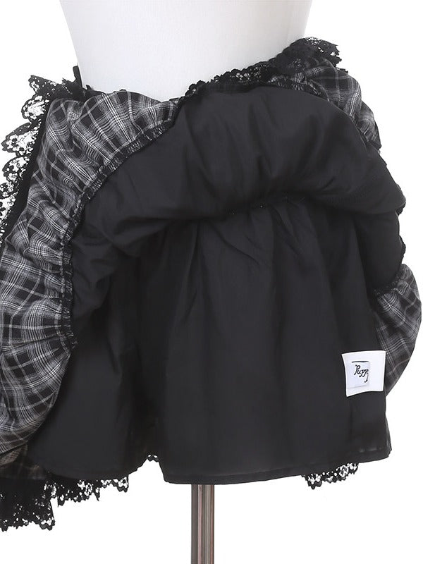 Black Jirai Kei Plaid High-Waist Skirt with Lace Trim Detail - Puppet Bombs