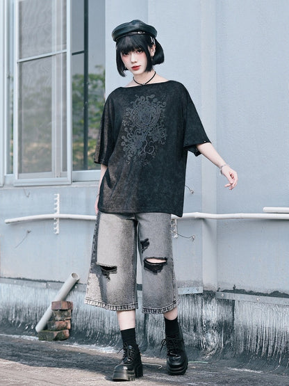 Black Detachable Sleeve UV Tee with Sea Lily Print - Quirky Hut